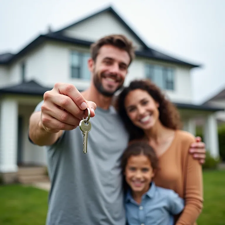 An image showing a happy family in front of a new home or holding house keys, representing the achievement of securing a loan.